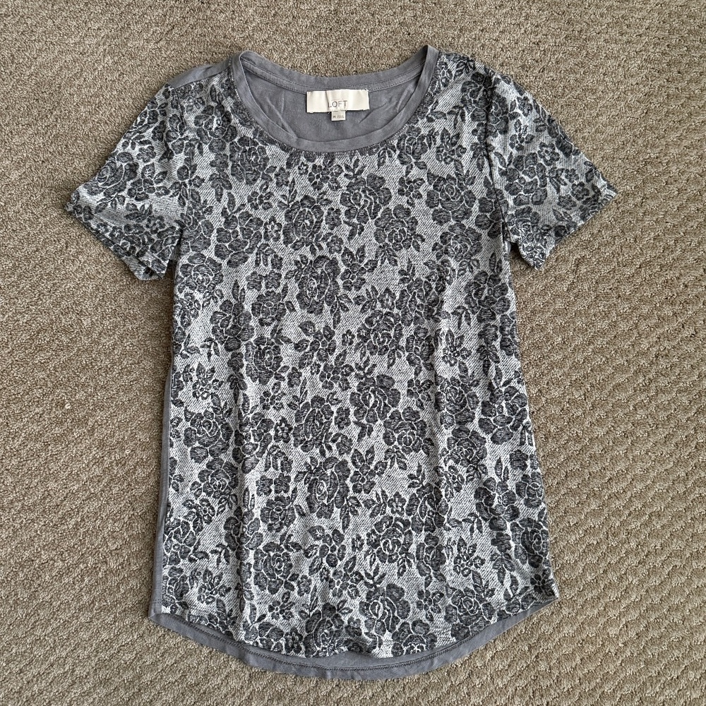 Loft Gray Floral Short-Sleeve Top, Size XS